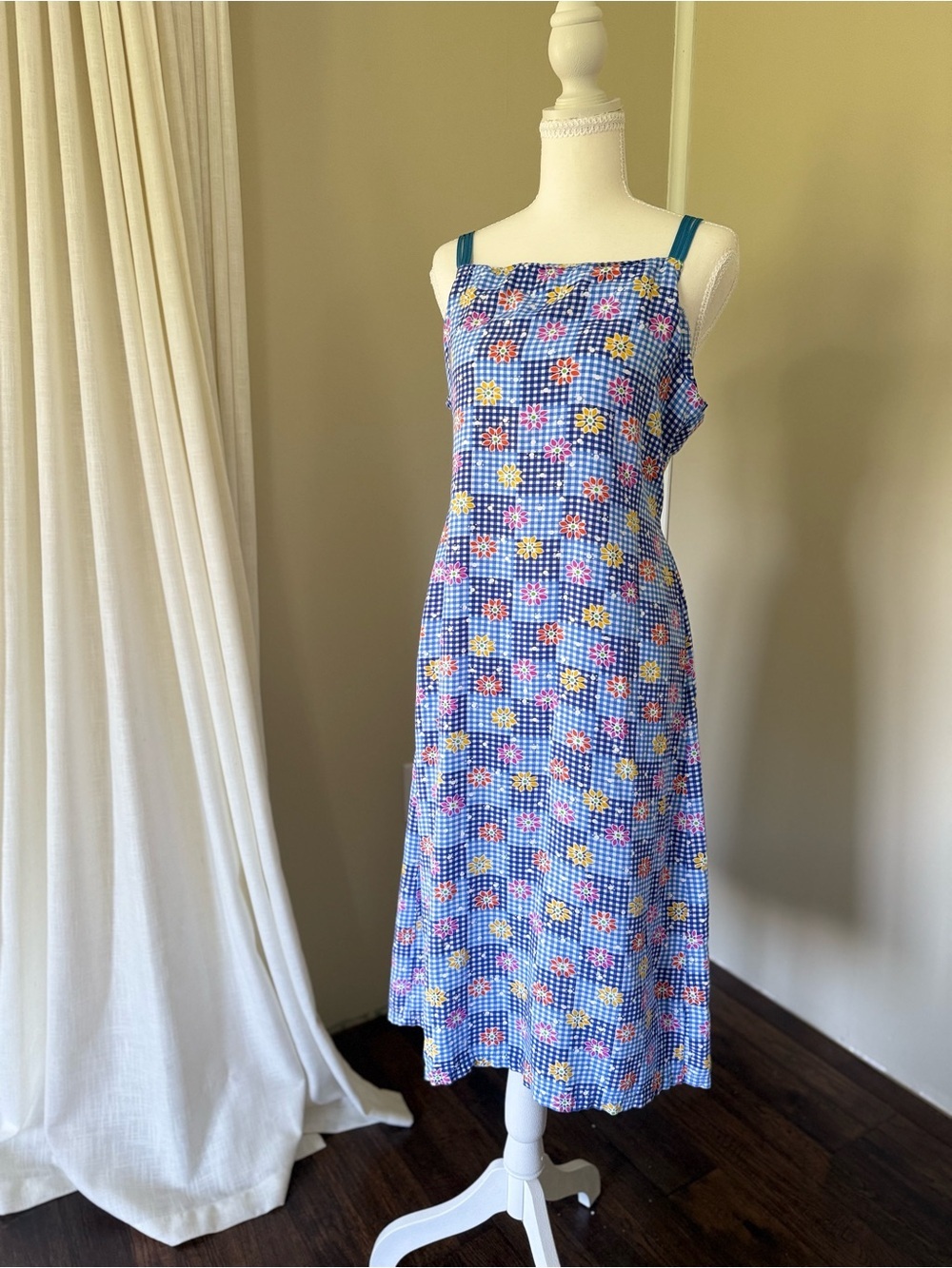 Truly Vintage Sundress Blue Gingham Floral Sun Dress AKR Brand One Size Ribbon - Picture 3 of 7